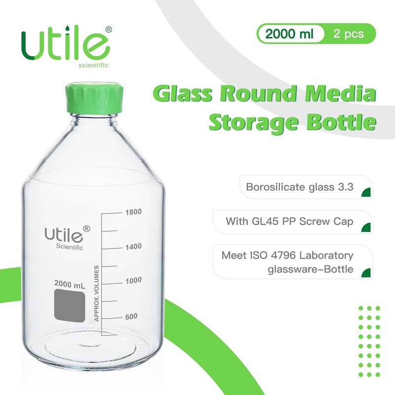 UTILE 2 Pcs 2000ml Media Bottle Lab Media Bottles, PP Material Media Storage Bottle, 4038.2000.2 - Image 5
